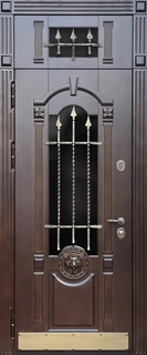 Остекленная термодверь с фрамугой, ковкой и отбойником (коричневые панели МДФ)