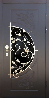 Стальная дверь с терморазрывом, фигурным полукруглым стеклом и ковкой (отделка плитами МДФ) Стальная дверь с терморазрывом, фигурным полукруглым стеклом и ковкой (отделка плитами МДФ)