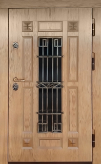Металлическая утепленная дверь с терморазрывом, стеклом и решеткой (МДФ панели) Металлическая утепленная дверь с терморазрывом, стеклом и решеткой (МДФ панели)