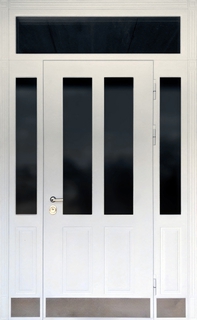 Входная группа с терморазрывом, остеклением и отбойниками (белые панели МДФ RAL) Входная группа с терморазрывом, остеклением и отбойниками (белые панели МДФ RAL)