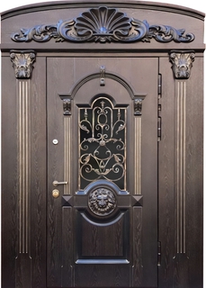 Парадная коттеджная входная группа «термо» со стеклом, ковкой и верхней вставкой (панели МДФ с объемной резьбой)
