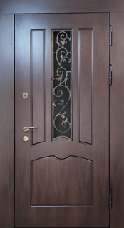 Входная термодверь с узким стеклопакетом и кованой решеткой (плиты MDF) Входная термодверь с узким стеклопакетом и кованой решеткой (плиты MDF)
