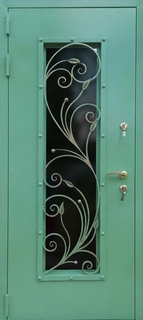 Остеклённая термодверь с ковкой «растительный орнамент» (зелёный порошковый окрас)