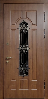 Остекленная стальная термодверь с панелями МДФ, накладной решеткой и стеклопакетом Остекленная стальная термодверь с панелями МДФ, накладной решеткой и стеклопакетом