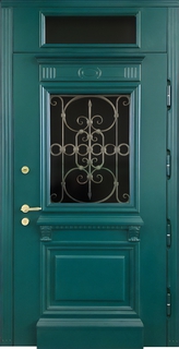 Стальная зеленая термодверь с решеткой и остеклением (отделка МДФ RAL с багетом) Стальная зеленая термодверь с решеткой и остеклением (отделка МДФ RAL с багетом)