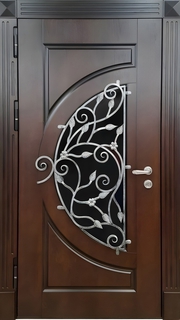 Металлическая термодверь с полукруглым стеклом и ковкой с растительным орнаментом (МДФ шпон) Металлическая термодверь с полукруглым стеклом и ковкой с растительным орнаментом (МДФ шпон)