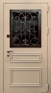 Металлобагетная термодверь с остеклением и решеткой (порошковое напыление)