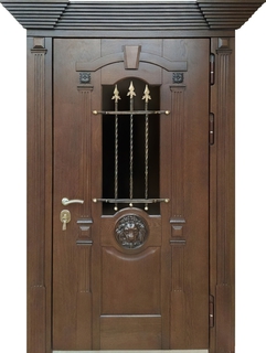 Коттеджная термодверь со стеклом, ковкой и капителями (МДФ со шпоном)
