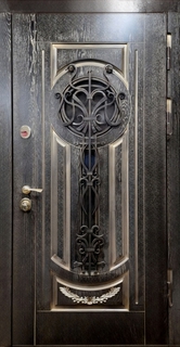 Входная термодверь с художественной ковкой и стеклом (панели МДФ с патинированием) Входная термодверь с художественной ковкой и стеклом (панели МДФ с патинированием)