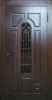Утепленная термодверь с влагостойкими панелями МДФ шпон (ковка + стеклопакет)